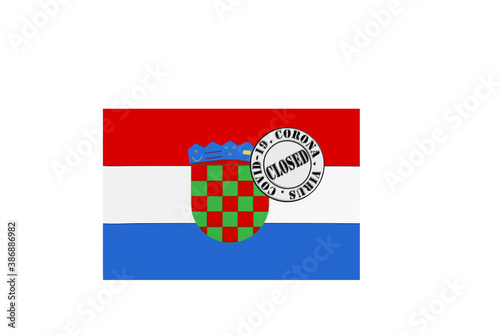 Obraz na płótnie flag with text closed by covid 19 and corona stamp w salonie