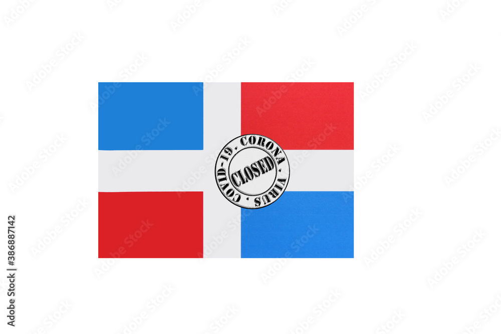 flag with text closed by covid 19 and corona stamp