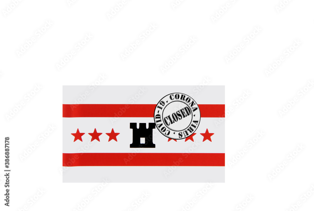 flag with text closed by covid 19 and corona stamp