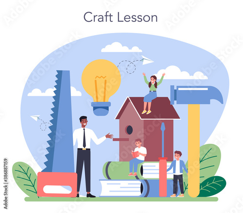 Art school education. Student holding art tools. Teacher learning