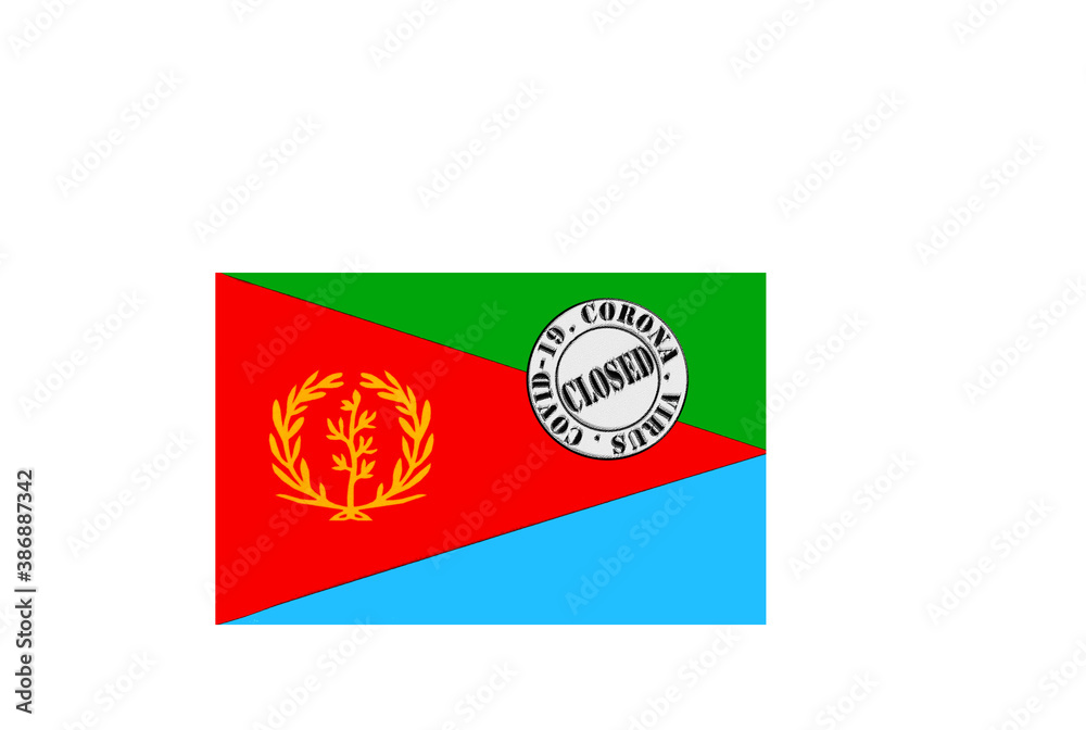 flag with text closed by covid 19 and corona stamp