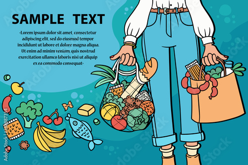 Vector cartoon background on the theme of food, purchase, order, supermarket. Woman stands with food packages. Colorful illustration, invitation