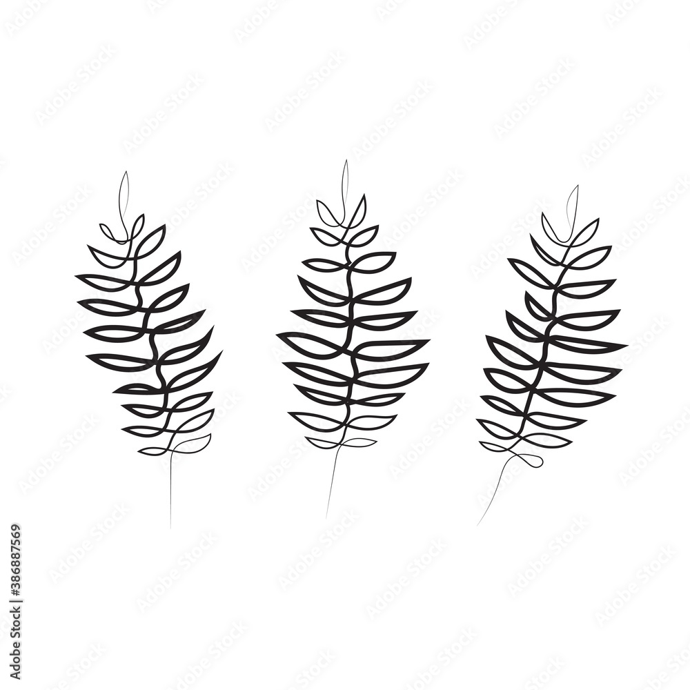 One line botanical art. Three abstract leaves outline contour drawing One line botanical art. Three abstract leaves outline contour drawing