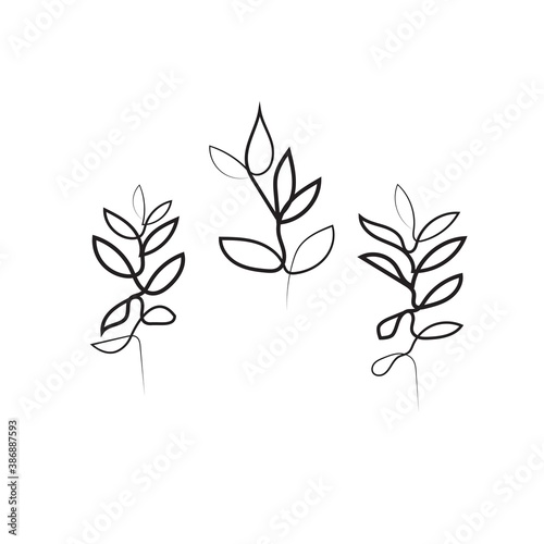 One line botanical art. Three abstract leaves outline contour drawing © Marina