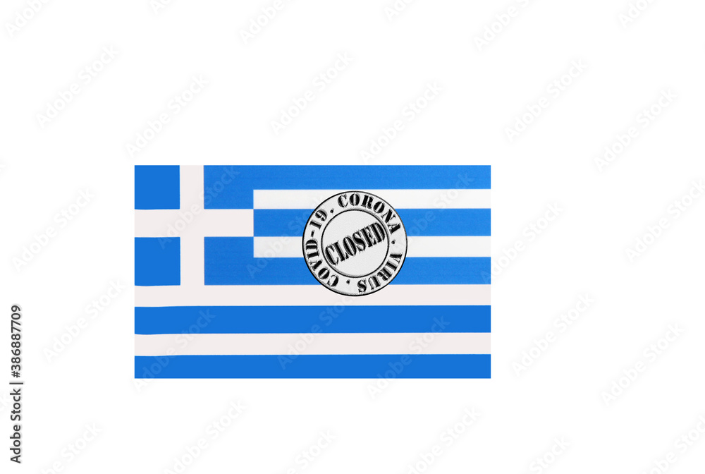 flag with text closed by covid 19 and corona stamp