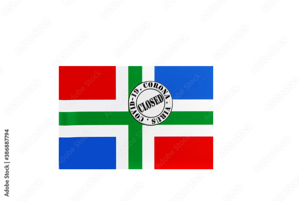 flag with text closed by covid 19 and corona stamp