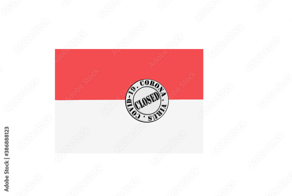 flag with text closed by covid 19 and corona stamp