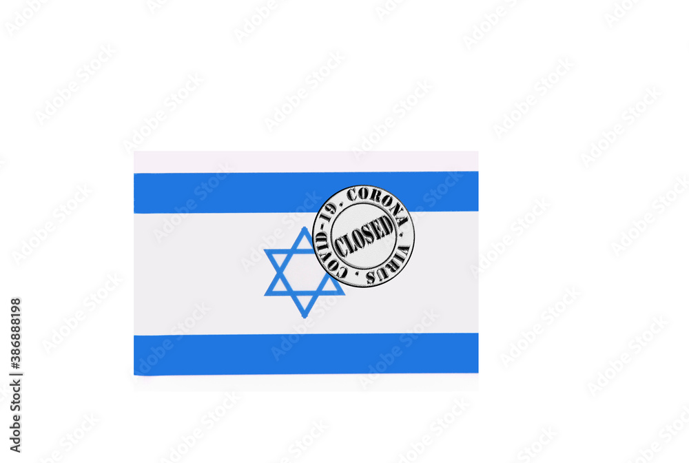 flag with text closed by covid 19 and corona stamp