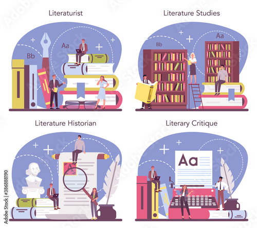 Professional literaturist concept set. Scientist studying and research