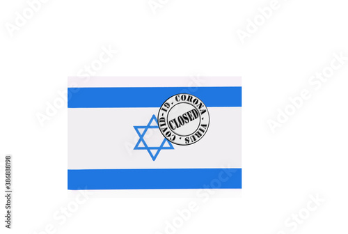flag with text closed by covid 19 and corona stamp