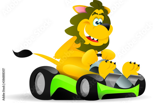 a Lion racin in a go kart isolated on white