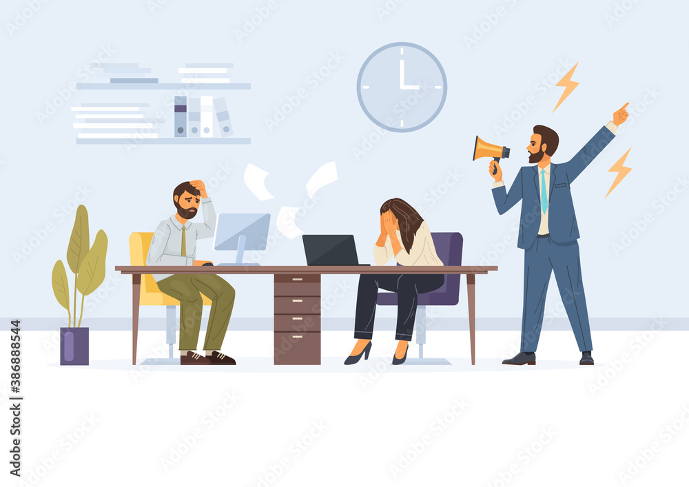 Office workers working at Deadline. Angry boss shout at employees who fail to meet deadline. Office workers hurry up with job, Panic stress and depression in staff Office workers working at Deadline. Angry boss shout at employees who fail to meet deadline. Office workers hurry up with job, Panic stress and depression in staff