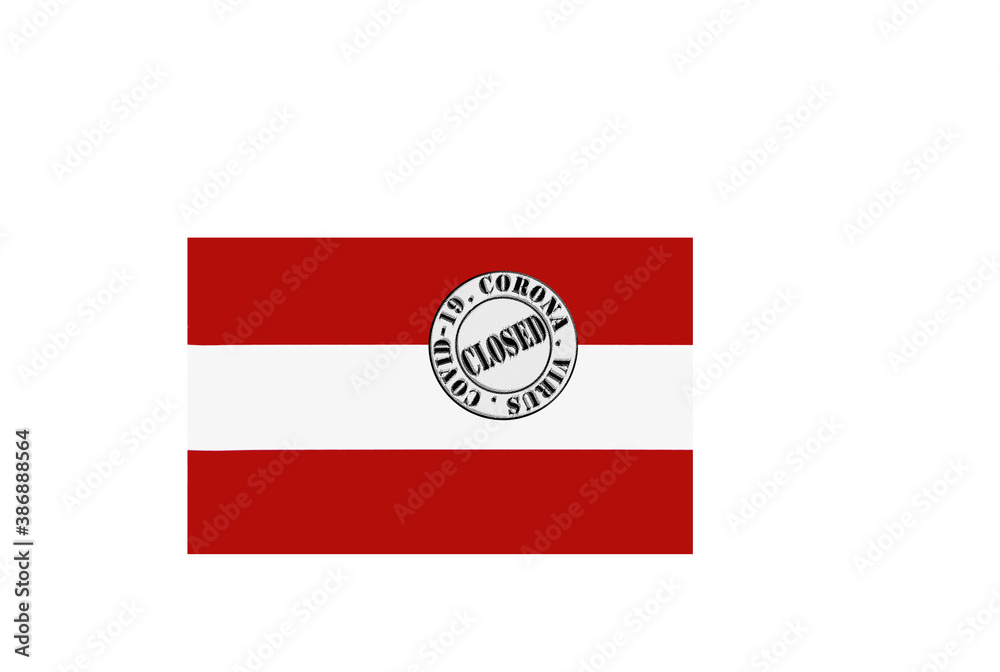 flag with text closed by covid 19 and corona stamp