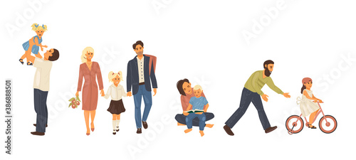 Family relationships, joint leisure, entertainment together. Going to school with flowers. Dad teaches daughter to ride bike, father, daughter are playing, mom is reading book with son