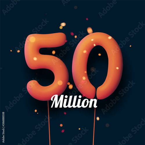 50 million sign orange balloons with threads on black background.