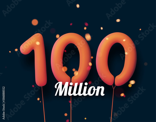 100 million sign orange balloons with threads on black background.