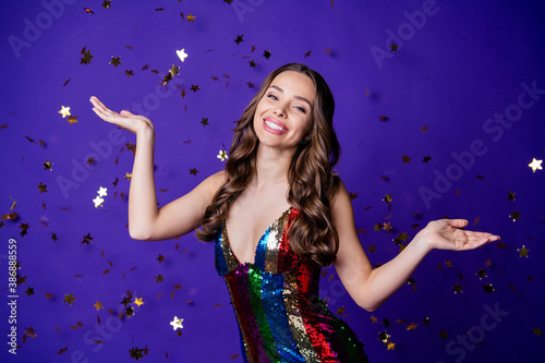 Photo of attractive lady party event festive prom wear glossy striped sequins dress isolated purple color background