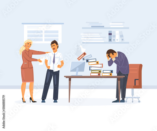 Working overtime at Deadline. Office workers in high stress, fatigue and panic. Employees do not have time to meet deadline. Office workers hurry up with job