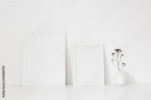 Mock up two white frames and dry twigs in vase on book shelf or desk. White colors.. photo