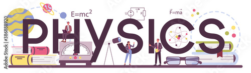 Physics typographic header. Scientist explore electricity, magnetism