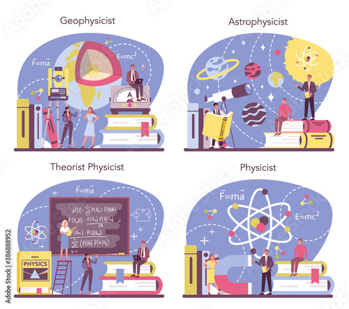 Physicist concept set. Scientist explore electricity, magnetism, light