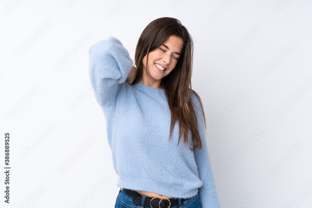 Teenager girl over isolated white background with neckache Teenager girl over isolated white background with neckache