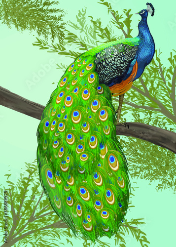 peacock on a tree hand draw