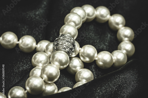 Close-up of a necklace of white pearls