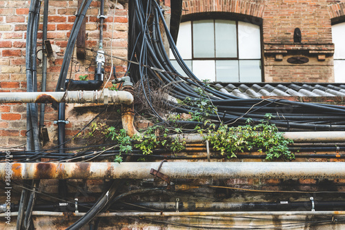 Pipes, cabling and weeds of an old factory