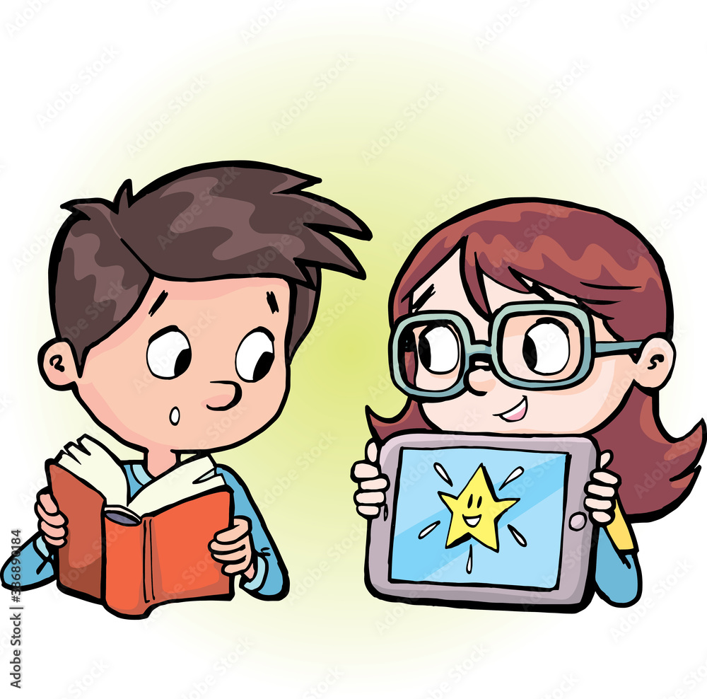boy learns from the book and the girl is successful on the tablet boy learns from the book and the girl is successful on the tablet