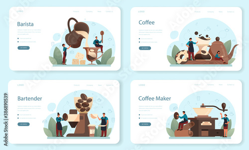 Barista web banner or landing page set. Bartender making a cup of hot