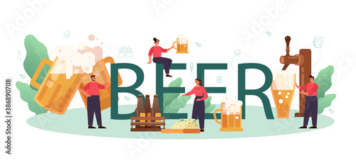 Beer typographic header. Glass bottle and vintage mug with craft