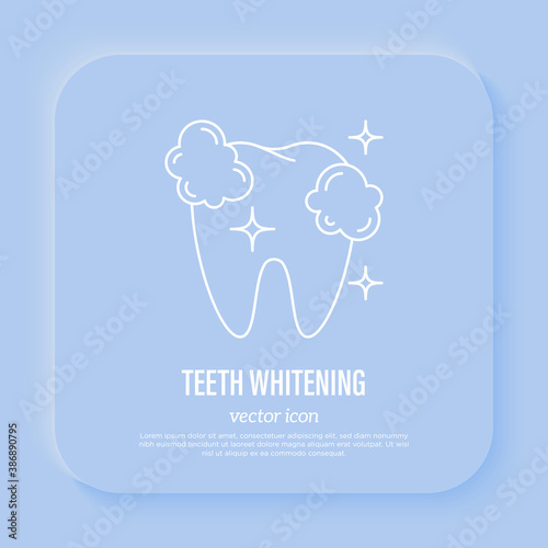 Dental treatment: teeth whitening, shining tooth. Thin line icon, vector illustration.