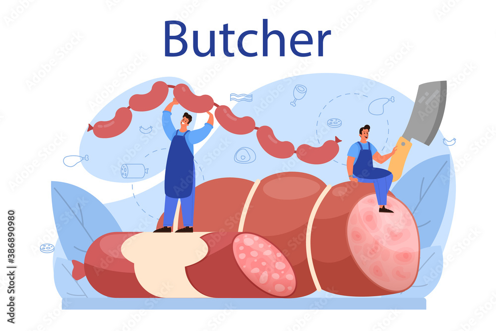 Butcher or meatman concept. Fresh meat and meat products
