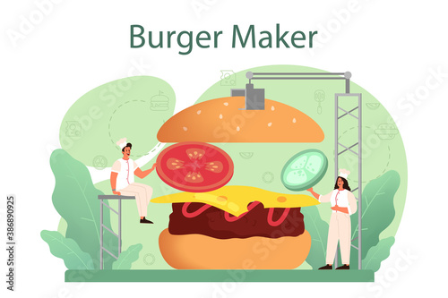 Fast food, burger house concept. Chef cook tasty hamburger