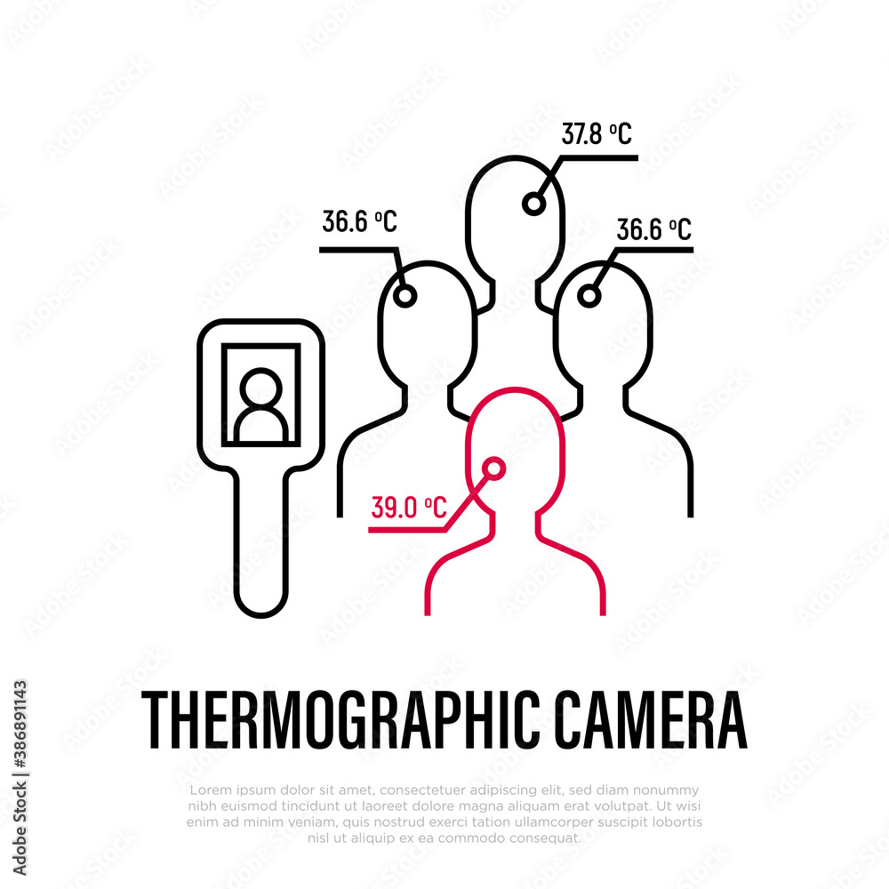 Thermal camera. Scan people's temperature. Detection of covid-19. Measurement of fever. Thin line icon, vector illustration. Thermal camera. Scan people's temperature. Detection of covid-19. Measurement of fever. Thin line icon, vector illustration.