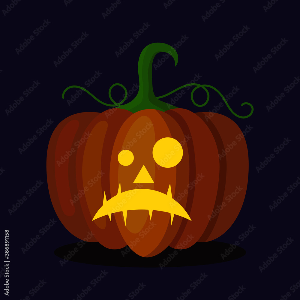 Orange pumpkin lantern with a scary face for Halloween. Festive decoration. Cartoon vector illustration on dark background
