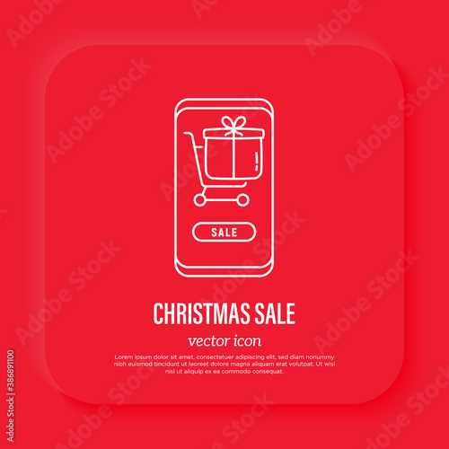 Christmas online shopping. Gift in shopping cart on smarphone screen. Thin line icon, Vector illustration.