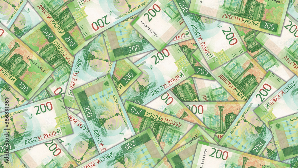 Illustration of a rectangular seamless pattern or wallpaper. Russian paper money. Green banknotes of 200 rubles are randomly scattered Illustration of a rectangular seamless pattern or wallpaper. Russian paper money. Green banknotes of 200 rubles are randomly scattered