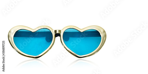 front view gold and blue heart shaped fancy glasses on white background,object,copy space