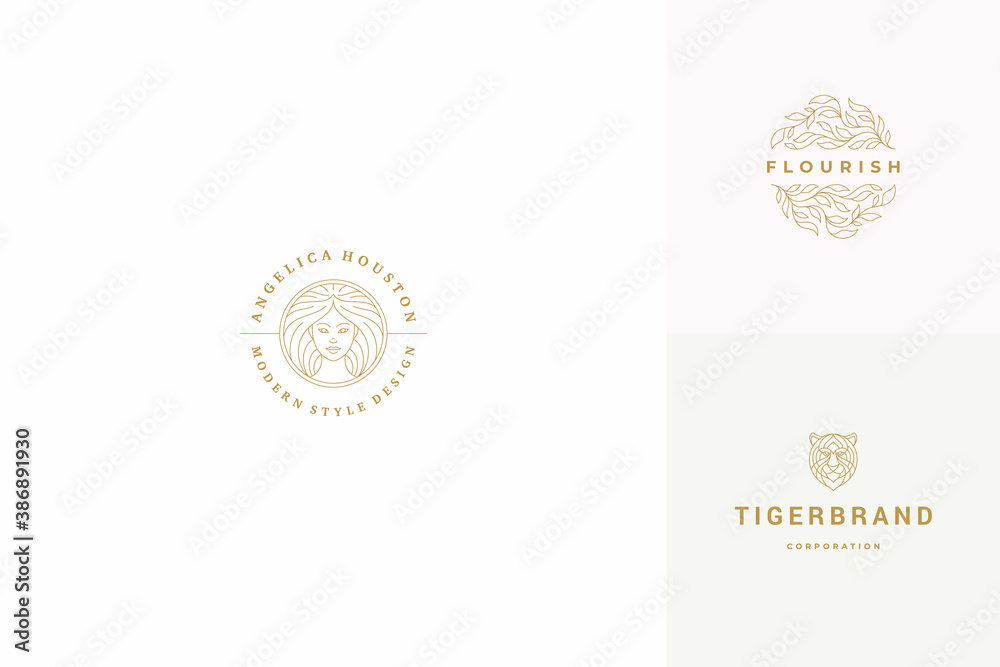 Vector line logos emblems design templates set - female face and leaves illustrations simple minimal linear style Vector line logos emblems design templates set - female face and leaves illustrations simple minimal linear style