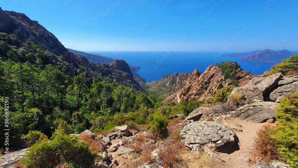Beautiful view in Corsica stock images. Corsican landscape with mountains and sea stock photo. Beautiful landscapes of Corsica island stock images