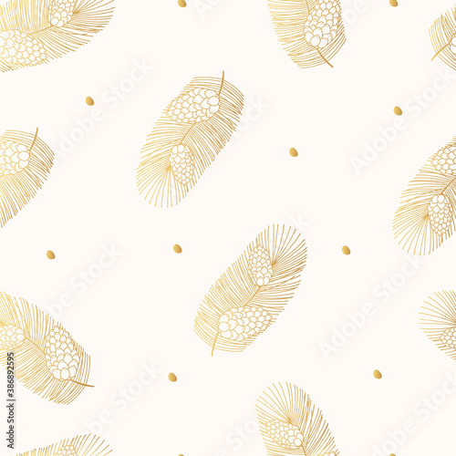 Merry Christmas seamless pattern with golden larch branches. Festive holiday texture with gold coniferous plant. Vector isolated winter flourish background for wrapping paper or textile.
