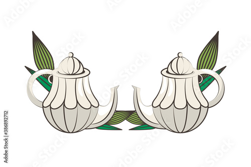 ceramic teapots drink with leafs plants