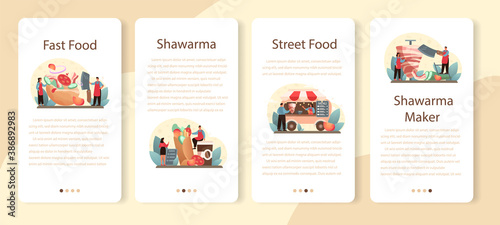 Shawarma street food mobile application banner set. Chef cooking