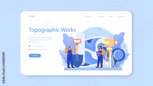 Geodesy science web banner or landing page. Land surveying