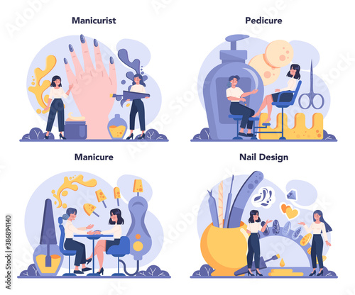 Manicurist service concept set. Beauty salon worker. Nail treatment