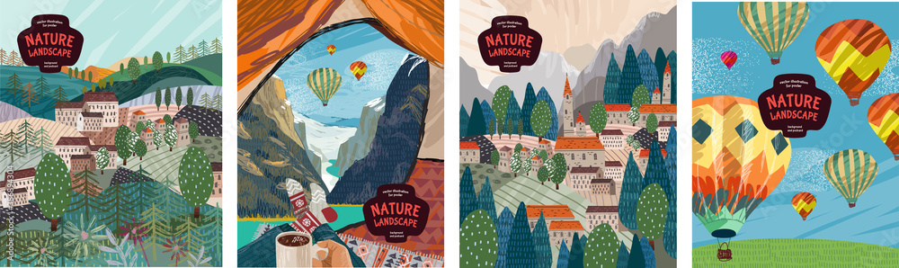 Nature landscape. Vector illustration of nature, mountains, villages, travel in a tent, architecture and balloons. Drawings for poster, postcard or background
 - obrazy, fototapety, plakaty 