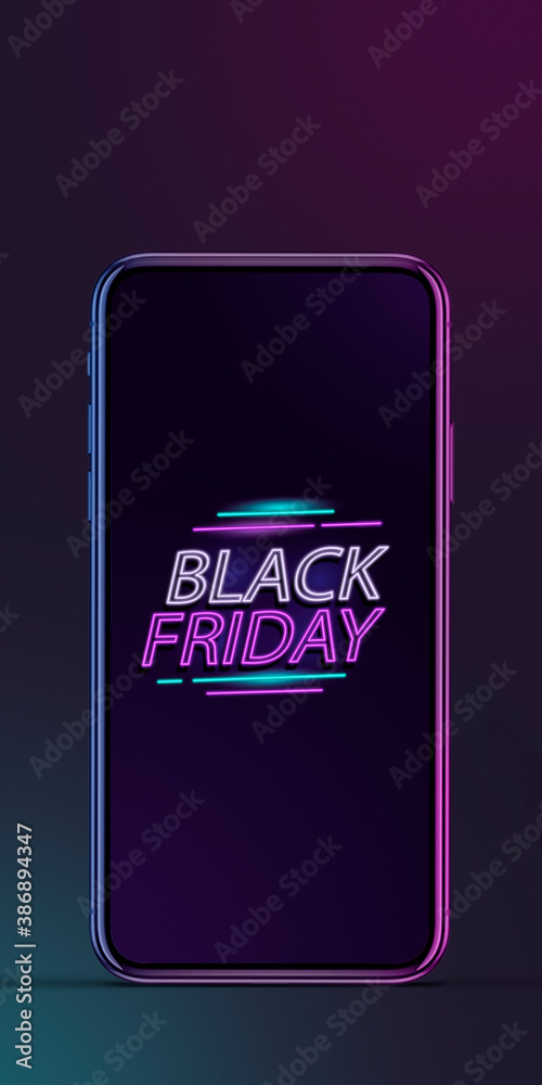 Device with neon lettering, black friday, sales, shopping concept. Flyer with copyspace. Cyber monday and online purchases, negative space for ad. Finance and money. Neon dark background. - obrazy, fototapety, plakaty 
