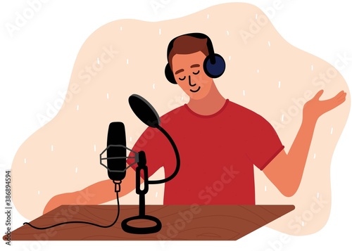 Caucasian man is doing live podcast. Male podcaster talking to microphone recording voice in studio. Vector illustration in flat style
